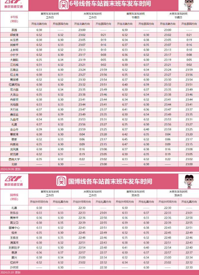 2024重庆地铁运营时间表 几点到几点